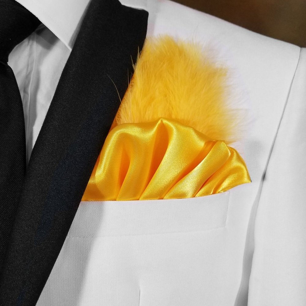 New - Yellow-Gold Satin Ruffle & Feather Pocket Square Insert